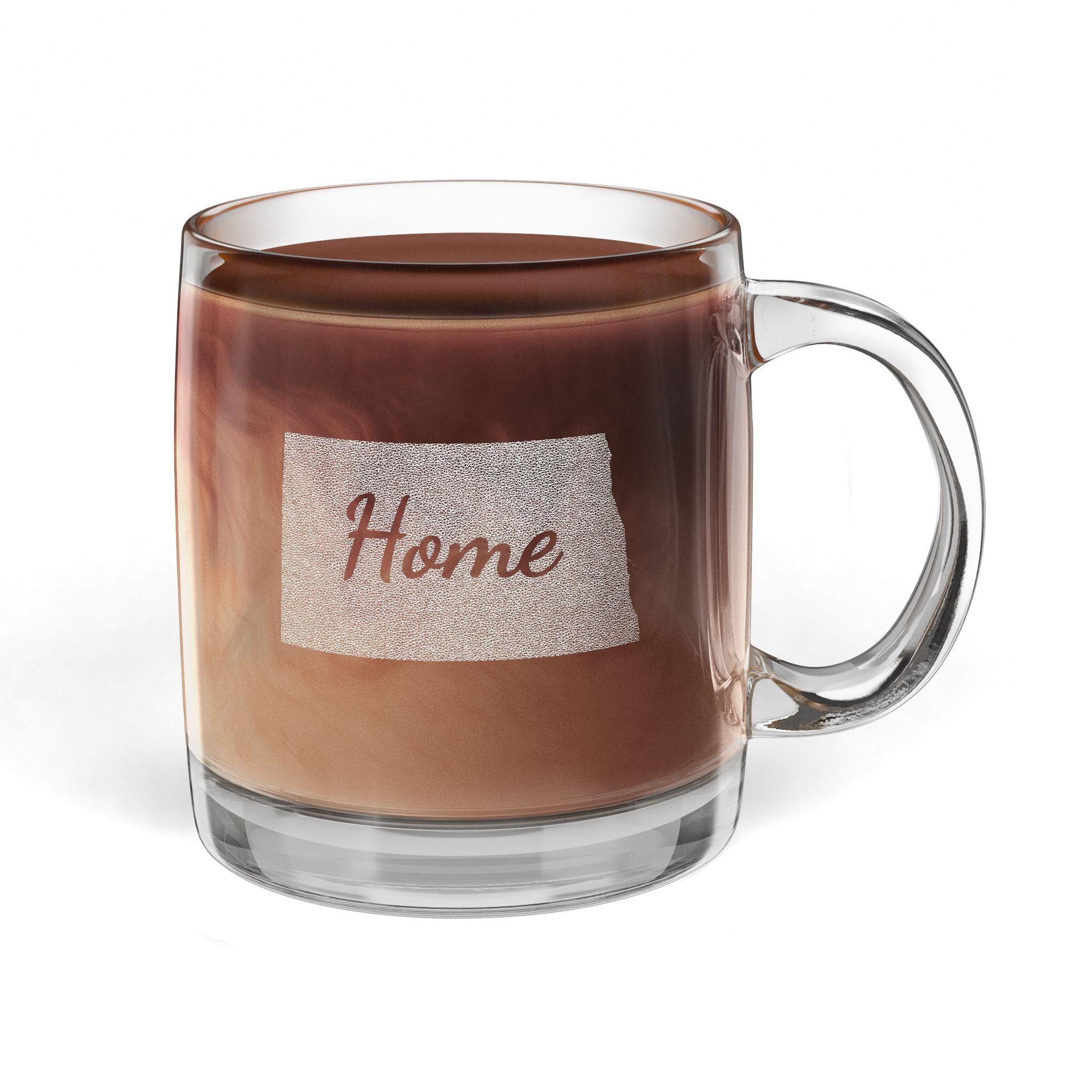 North Dakota Engraved Glass Coffee Mug — 'Home' 12.25oz Clear Tea & Coffee Cup