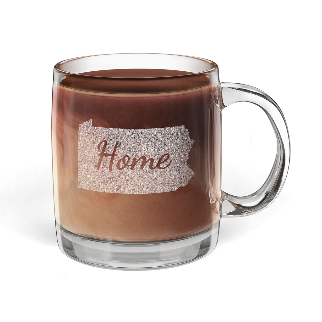 Pennsylvania Engraved Glass Coffee Mug — 'Home' 12.25oz Clear Tea & Coffee Cup