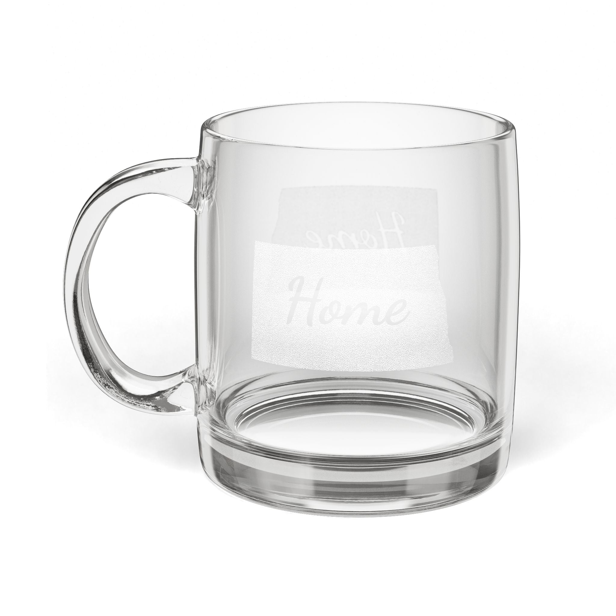 North Dakota Engraved Glass Coffee Mug — 'Home' 12.25oz Clear Tea & Coffee Cup