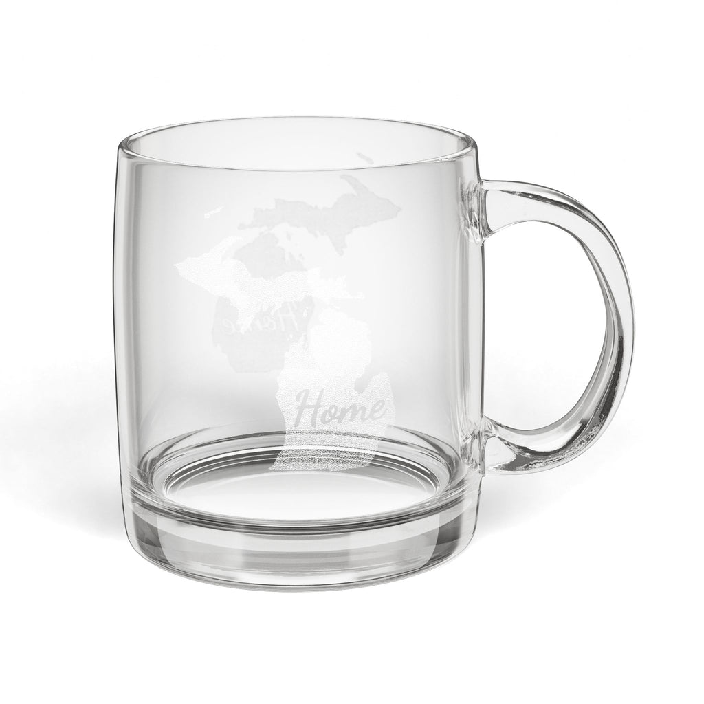 Michigan Engraved Glass Coffee Mug — 'Home' 12.25oz Clear Tea & Coffee Cup - coffee mug by Gadzooks Gifts