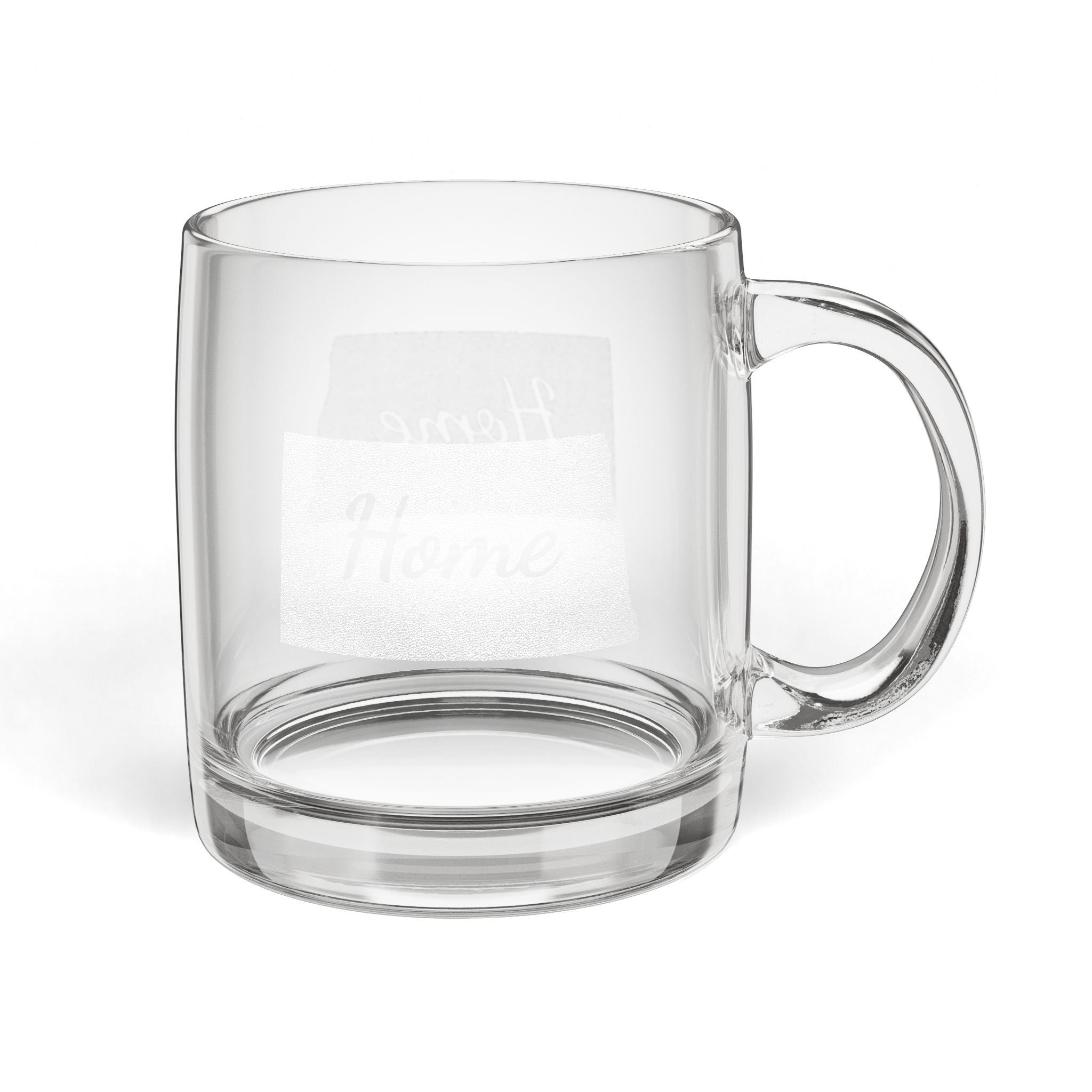 North Dakota Engraved Glass Coffee Mug — 'Home' 12.25oz Clear Tea & Coffee Cup