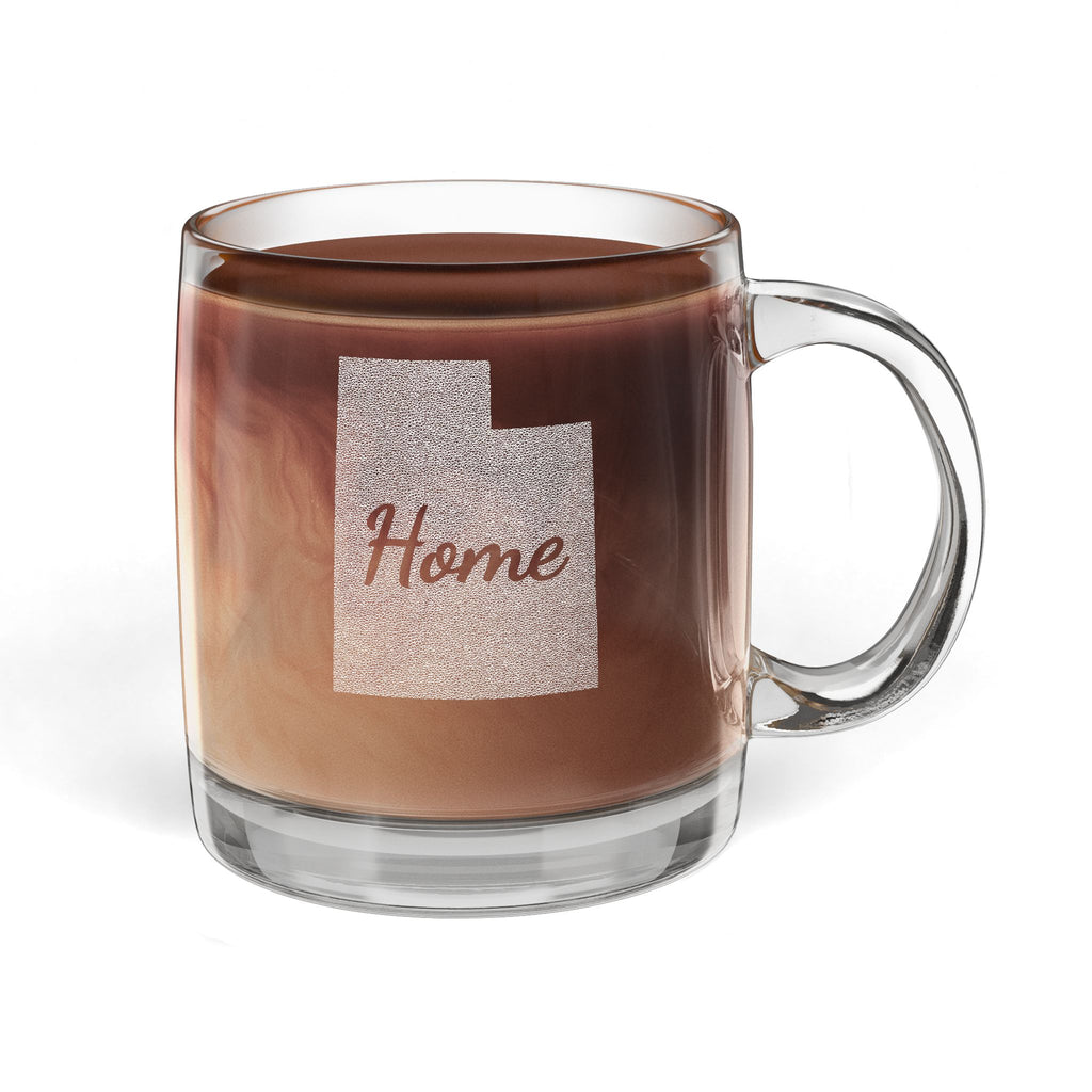Utah Engraved Glass Coffee Mug — 'Home' 12.25oz Clear Tea & Coffee Cup
