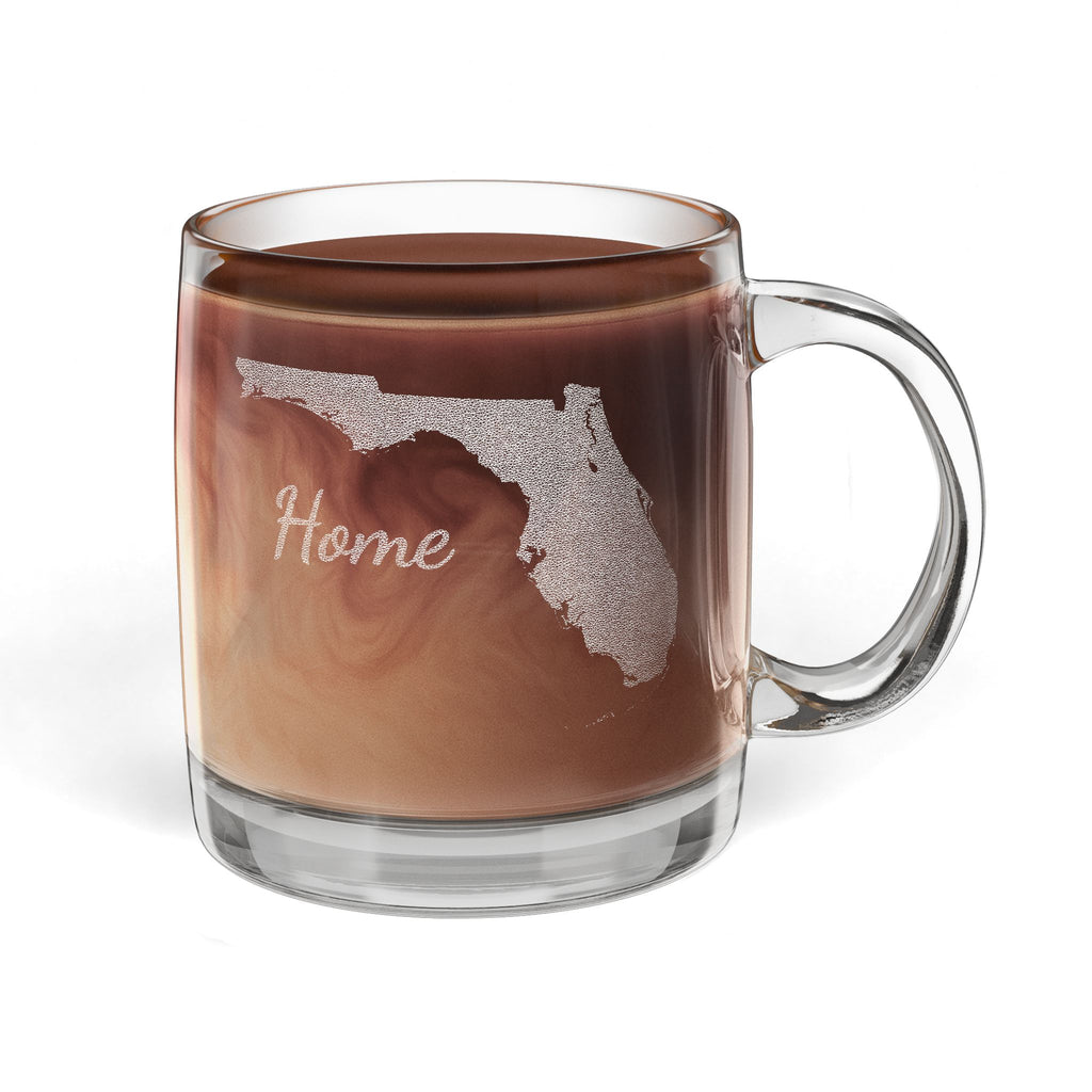 Florida Home Engraved Glass Coffee Mug 12.25oz Clear Tea and Coffee Cup Sunshine State Gift